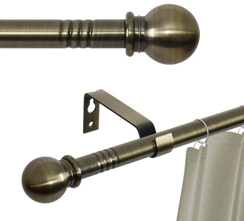 Gardinenstangen aus Messing in Antik-Optik, für Fenster, 122 bis 224 cm, verstellbar, 1,6 cm, gebürstetes Messing, mit Halterungen, robuste dekorative Gardinenstange für Schlafzimmer, Wohnzimmer