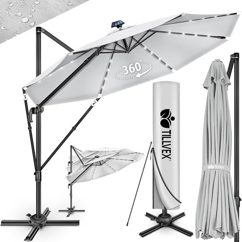 tillvex® Sombrilla Premium 330 cm LED Solar con manivela, cubierta y protección contra el viento, 6 posiciones ajustable con manivela, Parasol de jardín giratoria 360°