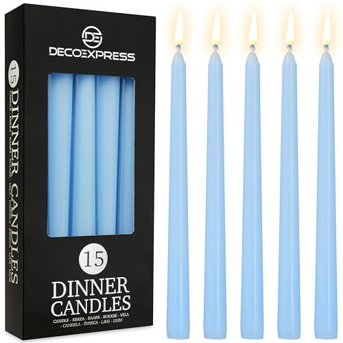 DECO EXPRESS Stabkerzen Set 6er, 10, 15 oder 50er, Lange Brenndauer bis zu 8 Std, Geruchslos (Babyblau - 15er-Pack)