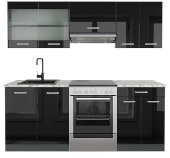 Vicco Küchenzeile R-Line, Schwarz Hochglanz/Anthrazit, 200 cm, AP Marmor