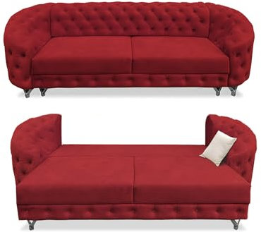 SILKMARKS® Chesterfield Sofa mit Schlaffunktion - 3-Sitzer Sofa - Premium Komfort - Wasserabweisender und kratzfester Samt - Couch mit extra Stauraum - Elegantes Design (Rot)