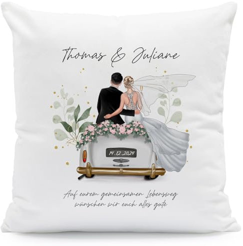 GRAVURZEILE Bedrucktes Kissen mit Konfiguration - Hochzeitsauto - Personalisiert mit Namen - Umfangreich anpassbares Motiv zum selbst gestalten - Persönliches Geschenk für das Brautpaar zur Hochzeit