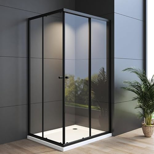WDWRITTI Eckeinstieg Duschkabine Schiebetür 75x90x185cm, Schwarz Duschabtrennung Schiebetüren Echtglas Duschtür aus 6mm Nano Glas, Glas Eckeinstieg Duschwand Eckdusche Höhe 185cm