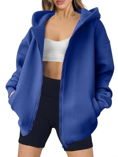 AnnSemo Sweat à capuche uni zippé pour femme, manches longues, poches avant, doux, extensible, confortable, grande taille, manteaux à capuche amples Y2K, 1 bleu, L