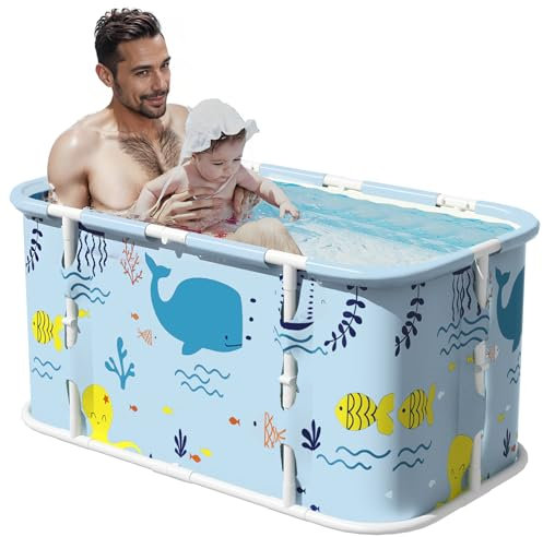 Bañera plegable portátil, bañera de remojo para ducha caliente y baño de hielo, bañera de sauna independiente para adultos, 110 cm de largo x 60 cm de ancho x 52 cm de alto, color azul claro