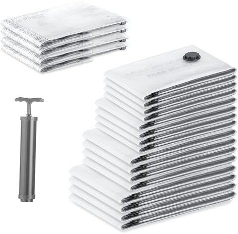 SilverRack XL Jumbo Vakuumbeutel für Kleidung, Reise u. Bettdecken [20 Stück] - INKL HANDPUMPE u. ETIKETTEN in (4x 40x60 cm (Reise Aufroll) / 4x 40x60 cm / 4x 50x70 cm / 4x 60x80 cm / 4x 80x100 cm)