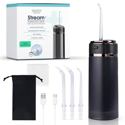ZENT Stream+ Idropulsore dentale, Irrigatore orale, Tecnologia rotante avanzata 360°, 3 testine speciali, Pressione regolabile, Rimozione della placca, Dimensioni compatte, Nero