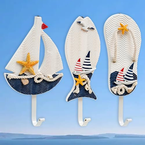 Generico Gancio da Parete 3 Pz Set Appendi Accappatoio Bagno Mediterraneo Decorativo ganci a forma di pesce, pantofole, barche a vela appendini per il Bagno,Chiave (GG/3)