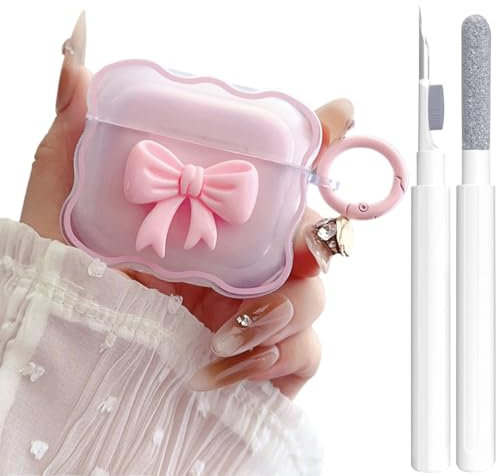 Coque transparente pour AirPods 4 avec kit de nettoyage et porte-clés pour Apple iPod 4ème génération Rose Motif nœud 3D