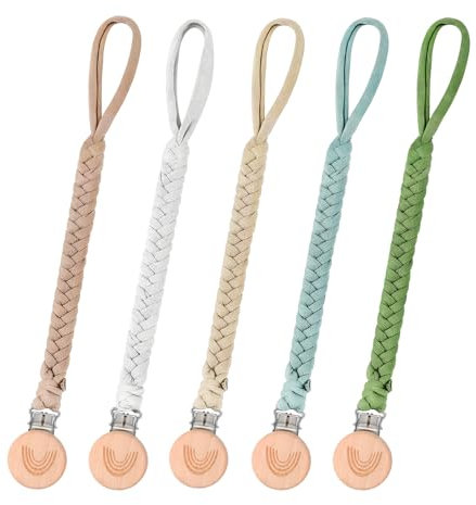 Paquete de 5 Clips para Chupetes de Bebé, Clips de Madera para Chupetes, Tejidos a Mano, Algodón Suave, Evitan Que Los Chupetes Se Caigan, Aptos para Cochecitos, Portabebés y Sillas de Coche