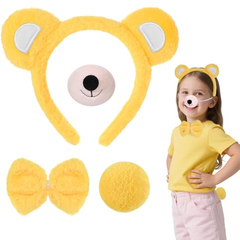 Hifot 4 Stück Bären Kostüm Zubehör Kinder Erwachsene, Bären Ohren Haarreif Schwanz Nase Fliege, Bärenkostüm Kinder Damen, Bär Tierkostüm Zubehör für Karneval Halloween Cosplay Geburtstag Mottoparty