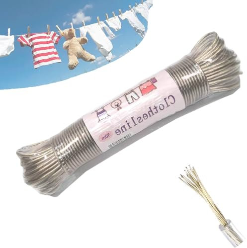 WLHFDC Filo per Stendere Il Bucato da Esterno,30m Filo Stendibiancheria per Esterno,Cavo Stendibiancheria per Esterno Antiruggine e Impermeabili,4mm Corda per Stendere I Panni Esterno,Capacità 120 KG
