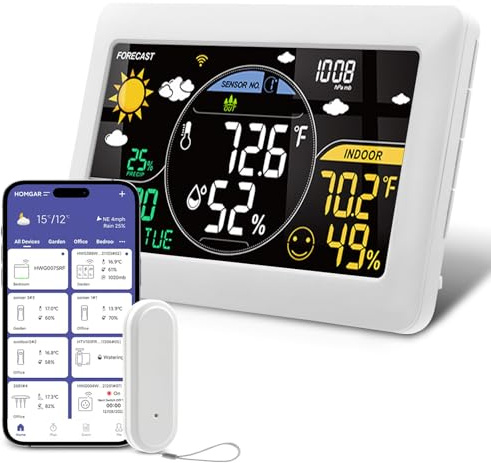 Stazione Meteo con Sensore Esterno, Termometro Digitale Senza Fili con Display a Colori, Previsioni del Tempo, Temperatura, Umidità, Sveglia con Funzione Snooze, Pressione dell'aria