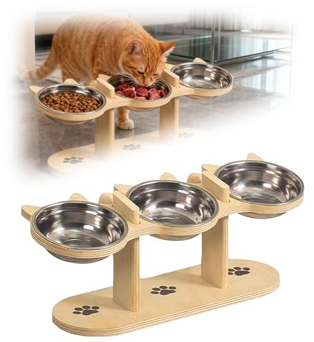 Gamelle Chat Surélevée, Gamelle Surelevee pour Chat avec 3 Bols en Acier Inoxydable et Support en Bois, 15° Incliné pour Nourriture et Eau, pour Chats et Petits Chiens
