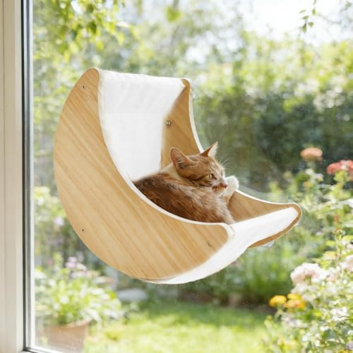 Cats Window Hammock, Wooden Moon Shape Window Cat Bed with Strong Suction Cup Cats Window Seat for Sleep and Watch Birds