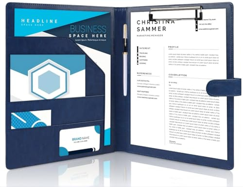 Klemmbrett A4 mit Deckel, PU-Leder Mappe A4 Schreibmappe Klemmbrettmappe, Klemmbrett mit Schreibblock, Dokument-Ordnungshelfer mit Dokumentenfächern Stiftehalter und Magnetverschluss (Dunkelblau)