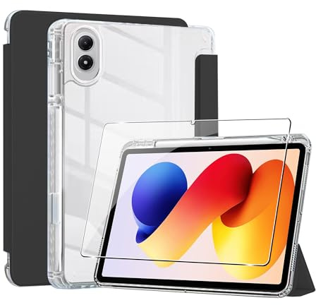 Fhyeugfy Coque pour Redmi Pad 2 Pro 12.1'' avec Porte Pencil+[1 Pièces] Verre Trempé Protection écran, Housse Transparente Claire Etui Antichoc Veille/Réveil Auto (Noir)
