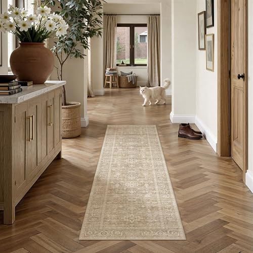 PureCozy Vintage Teppich Läufer Flur 60x180cm Beige Teppichläufer | Waschbarer Carpet,Weich Rutschfest Lang Teppiche,Küche Schlafzimmer Bettvorleger Büro Kurzflor Tepich Carpets Rug