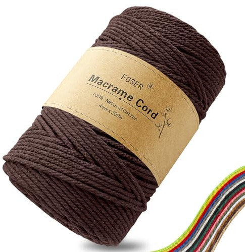 FOSER Premium Makramee Garn 4mm × 200m, Natürliches Makramee Schnur Makramee Kordel für Handwerk, wanddeko (Braun)