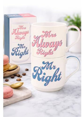 HTUK Mr Right & Mrs Always Right Stacking Mugs – Set of 2 (275ml) Fine China Coffee Cups | Stackable Coffee, Tea & Hot Drinks Mugs | Practical Gift Drinkware for Couples, Men & Women