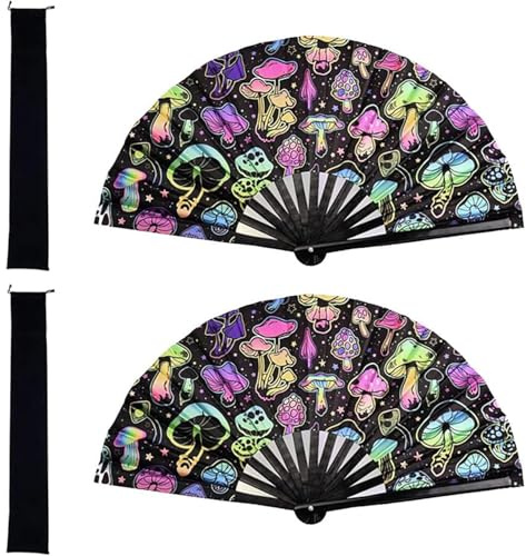 WaaRiuQ 4-Piece Rave Fan Mushroom Design UV Glow Foldable Clack Hand Fan Set with Storage Bags for Drag Queen, EDM, Music Festival, Party, Dance & Performance
