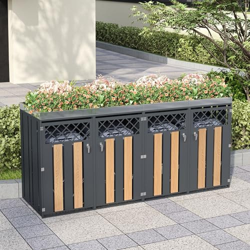 ECLIVON Armario para Cubo de Basura para Exteriores, Muebles de Jardín con Área de Cultivo de Plantas para Jardín, Sistemas de Clasificación de Basura con Cerradura y Cuerda, Sin Cubos de Basura (1)