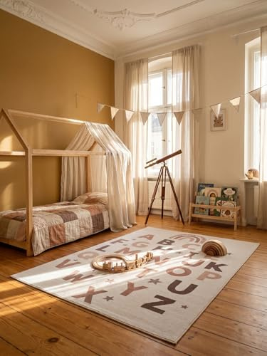 KADIMA DESIGN Kinderteppich Alphabet mit Regenbogen Waschbar Maschinenwaschbar Spielteppich Jungen Mädchen Kinderzimmer Schadstoffgeprüft Kurzflor Creme 200x290 Oeko-TEX | Tino