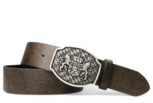 FRONHOFER Trachtengürtel mit Bayernschnalle, Wappen und Löwen, 18087, Größe:Körperumfang 115 cm/Gesamtlänge 130 cm, Farbe:Trachten-braun