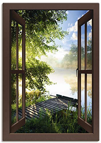 ARTLAND Wanddeko Leinwand Bilder Wandbild 70x100 cm Fensterblick Fenster Landschaft Wald Natur See Angelsteg Sonne Frühling T1DZ