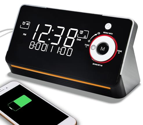 Réveil de Chevet avec Radio Dab et FM, Double Alarme, Snooze, écran LCD dimmable, veilleuse, Bluetooth, Type C et Port de Charge USB iTOMA 729