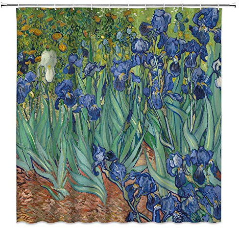Van Gogh Iris Duschvorhang, Vintage-Ölgemälde Iris Blume Blatt Garten Rustikaler Landschaft Kunstdruck Stoff Badezimmer Dekor Sets mit 12 Haken, 180 x 180 cm, Grün Lila