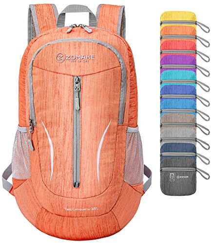 ZOMAKE Faltbarer Rucksack Leicht 25L,Kleiner Rucksäcke Wasserdicht Wanderrucksack Packable Backpack für Damen Herren Outdoor Wandern(Orange)
