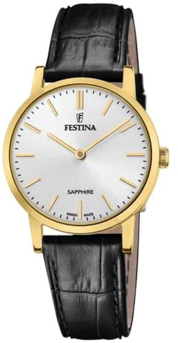 Festina Uhr Für Damen F20017/1 Swiss Made Gold Edelstahl Case SchwarzLeder Band