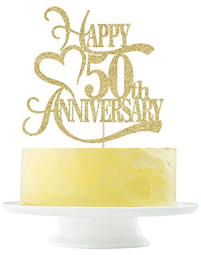 Gold Glitter 50th Anniversary Cake Topper - 50 Wedding Anniversary Party Decoration Ideas, 50th Anniversary Party / 50th Birthday Party Decorations