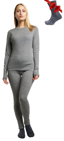 Merino.Tech 100% Vetement Femme Ensemble Laine Merinos + Chaussettes (Large, 250 Gray Heather)