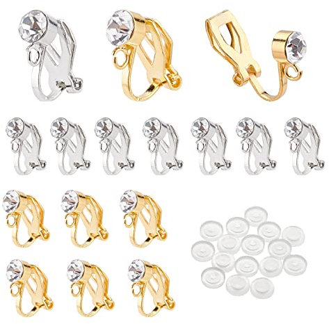 PandaHall Konverter Für Ohrclips, 8 Paar 2 Farben Messing-Ohrring-Zubehör Ohrring-Clips Mit Kristall-Strass-Ohrring-Silikon-Ohrring-Pads Für Nicht Durchstochene Ohren DIY-Ohrring-Herstellung