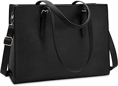 Laptoptasche für Damen Wasserdicht Leicht Leder 15,6 Zoll Computer Bürotasche Große Kapazität Büro Aktentasche Umhängetasche Professionelle Büro Arbeitstasche Schwarz, Schwarz, Large
