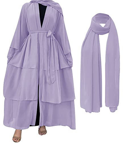 Damen Strickjacke Muslimische Robe Kaftan-Kleid mit Hijab Einfarbig Islamic Abaya Kaftan Kleidung den Ramadan für Ethnische, Abend, Party Langarm-Cardigan Muslim Robe Helles Lila XXL