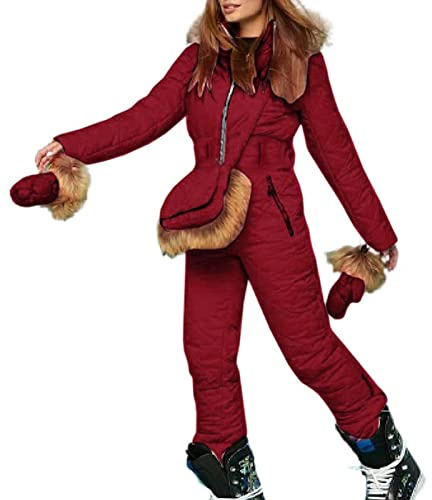 Traje de nieve para mujer de una pieza: traje de esquí para mujer cálido mono de esquí de invierno impermeable cálido nieve esquí conjuntos al aire libre mono largo de nieve con guantes y bolsos