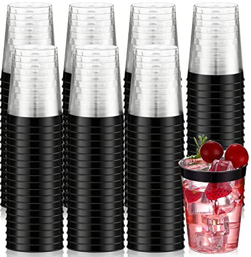100 Pcs 10 oz Clear Plastic Cups Rimmed Plastic Cups Cocktail Disposable Cups Plastic Wine Glasses for Parties Disposable for Birthday Wedding Baby Shower Holiday Celebration Decorations (Black)