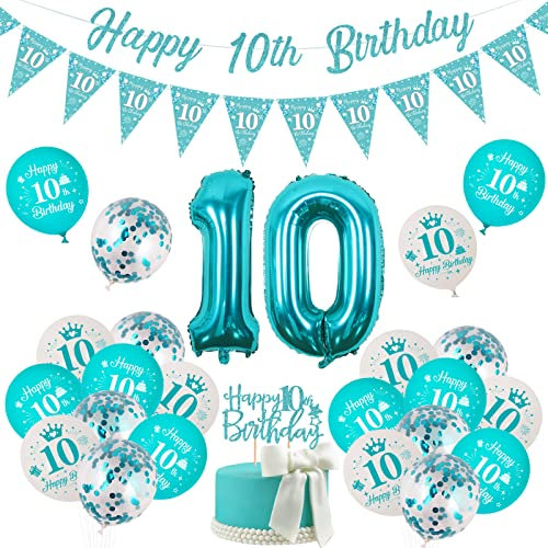 Dekorationen Zum 10. Geburtstag für Mädchen - Blaugrün Doppelstellige Party Supplies - Türkis Happy Birthday Wimpelkette Banner Kuchen Topper für 10 Jahre Altes Mädchen