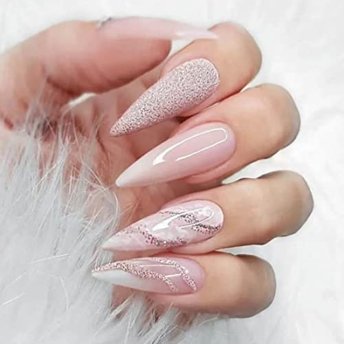 JUSTUSNX Lot de 24 faux ongles longs Stiletto français dégradés rose avec lignes ondulées à presser pour femmes et filles