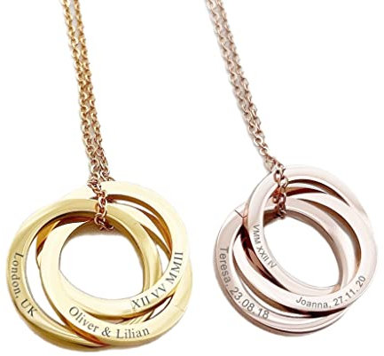 Personalised Engraved Linked Circle Necklace, Custom Russian Ring Necklace, Multi Interlocking Rings, Hollow Round Charm Necklace, Engraved Charm Necklace with Childrens Names, Custom Family Jewellery