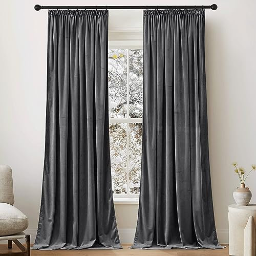 PONY DANCE Extra Lange Gardinen und Vorhänge Samt Grau Thermovorhang Kälteschutz Samtvorhang mit Kräuselband für Schiene Gardine Blickdicht Velvet Curtains Living Room, 2er Set H 260 x B 132 cm