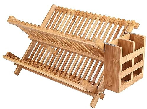 GIZNXBA Abtropfgestell Geschirr Holz Mit Utensilienhalter, 2-stufiger Klappbarer Geschirr Abtropfständer Abtropfgitter Geschirrtrockner Abtropfgestell Für Die Küchenzeile (Color : /Natural A)
