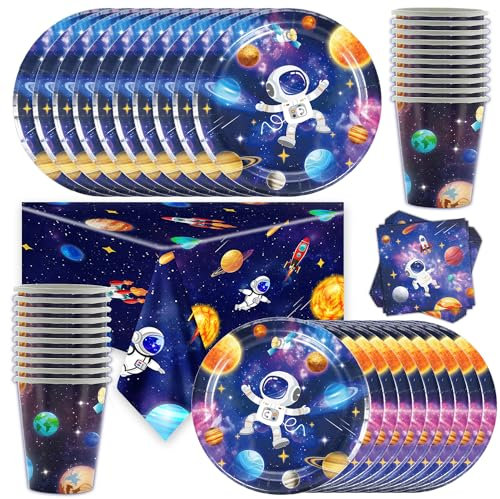 Shamoparty Set di stoviglie decorative per feste di compleanno, con piatti, tovaglioli, tazze, tovaglia, decorazione spaziale per il compleanno dei bambini, pianeti 20 ospiti
