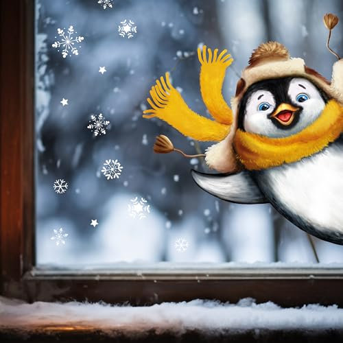 Wandtattoo Loft Fensterbilder Weihnachten mit winkenden Pinguin, rechts – Wiederverwendbar – A3 Bogen – Weihnachstdeko Fenster Kinderzimmer, Weihnachtsbilder Fenster, Fensterbild Winter