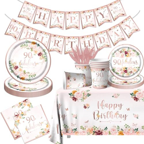 90th Birthday Party Supplies - Rose Gold Party Decorations 90th Birthday Tableware Set Plates,Napkins,Tablecloth Rose Gold Floral Table Decoration for Men Women Birthday,90 Fabulous Decorations