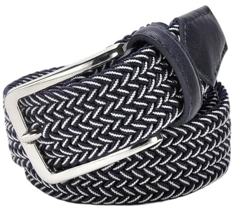 ZacLAy Blauer elastischer Stretch-Taillengürtel für Herren, Canvas-Stretch, geflochtener, elastischer, gewebter Ledergürtel, 3,8cm breit, Metall-Stretchgürtel für Herren, Marine weiß
