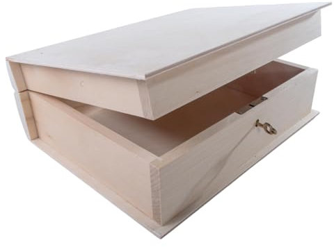 WooDeeDoo Lockable Deep Wooden Book Shaped Storage Box – Large Decorative Keepsake Gift Case with Key Lock for Crafts Accessories Jewellery DIY Project Unfinished Wood – 24 x 19 x 8 cm
